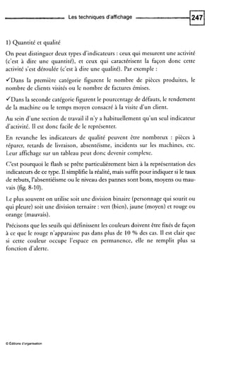 Les techniques d'affichage
1) Quantité et qualité
O n peut distinguer deux types d'indicateurs : ceux qui mesurent une activité
(c'est à dire une quantité), et ceux qui caractérisent la façon donc cette
activité s'est déroulée (c'est à dire une qualité). Par exemple :
/Dans la première catégorie figurent le nombre de pièces produites, le
nombre de clients visités ou le nombre de factures émises.
/Dans la seconde catégorie figurent le pourcentage de défauts, le rendement
de la machine ou le temps moyen consacré à la visite d'un client.
Au sein d'une section de travail il n'y a habituellement qu'un seul indicateur
d'activité. I1 est donc facile de le représenter.
En revanche les indicateurs de qualité peuvent être nombreux : pièces à
réparer, retards de livraison, absentéisme, incidents sur les machines, etc.
Leur affichage sur un tableau peut donc devenir complexe.
C'est pourquoi le flash se prête particulièrement bien à la représentation des
indicateurs de ce type. I1simplifie la réalité, mais suffitpour indiquer si le taux
de rebuts, l'absentiéisme ou le niveau des pannes sont bons, moyens ou mau-
vais (fig. 8-10).
Le plus souvent on utilise soit une division binaire (personnage qui sourit ou
qui pleure) soit une division ternaire : vert (bien),jaune (moyen) et rouge ou
orange (mauvais).
Précisons que les seuils qui définissent les couleurs doivent être fixés de façon
à ce que le rouge n'apparaisse pas dans plus de 10 % des cas. I1 est clair que
si cette couleur occupe l'espace en permanence, elle ne remplit plus sa
fonction d'alerte.
O Editions d'organisation
 