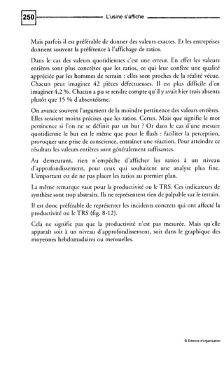 L'usine s'affiche
Mais parfois il est préférable de donner des valeurs exactes. Et les entreprises
donnent souvent la préférence à l'affichage de ratios.
Dans le cas des valeurs quotidiennes c'est une erreur. En effet les valeurs
entières sont plus concrètes que les ratios, ce qui leur confire une qualité
appréciée par les hommes de terrain : elles sont proches de la réalité vécue.
Chacun peut imaginer 42 pièces défectueuses. I1 est plus difficile d'en
imaginer 4,2 %. Chacun a pu se rendre compte qu'il y avait hier trois absents
plutôt que 15 % d'absentéisme.
O n avance souvent l'argument de la moindre pertinence des valeurs entières.
Elles seraient moins précises que les ratios. Certes. Mais que signifie le mot
pertinence si l'on ne se définit par un but ? Or dans le cas d'une mesure
quotidienne le but est le même que pour le flash : faciliter la perception,
provoquer une prise de conscience, entraîner une réaction. Pour atteindre ce
résultats les valeurs entières sont généralement suffisantes.
Au demeurant, rien n'empêche d'afficher les ratios à un niveau
d'approfondissement, pour ceux qui souhaitent une analyse plus fine.
L'important est de ne pas placer les ratios au premier plan.
La même remarque vaut pour la productivité ou le TRS. Ces indicateurs de
synthèse sont trop abstraits. Ils ne représentent rien de palpable sur le terrain.
I1 est donc préférable de représenter les incidents concrets qui ont affecté la
productivité ou le TRS (fig. 8-12).
Cela ne signifie pas que la productivité n'est pas mesurée. Mais qu'elle
apparaît soit à un niveau d'approfondissement, soit dans le graphique des
moyennes hebdomadaires ou mensuelles.
O Éditions d'organisation
 