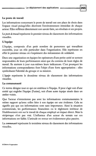 Le déploiement des applications
Le poste de travail
Les informations concernant le poste de travail ont une place de choix dans
l'espace visuel puisqu'elles décrivent l'environnement immédiat de chaque
acteur. Elles reflètent directement son savoir-faire,ses résultats et ses projets.
Leposte detravailreprésente le premier niveau de classement des informations
visuelles.
L'équipe
L'équipe, composée d'un petit nombre de personnes qui travaillent
ensemble, joue un rôle particulier dans l'organisation. Elle représente en
effet le premier niveau où s'expriment des mécanismes de solidarité.
Dans une organisation en équipes les opérateurs d'une petite unité se sentent
responsables de leurs performances ainsi que du contenu de leurs règles de
travail. Ils mettent à jour eux-mêmes leurs indicateurs. C'est pourquoi les
informations correspondantes font l'objet d'une forte appropriation : elles
symbolisent l'identité du groupe et sa mission.
L'équ$e représente le deuxième niveau de classement des informations
visuelles.
La communauté
Ce terme désigne tout ce qui est extérieur à l'équipe. I1peut s'agir soit d'une
entité qui englobe l'équipe (l'usine), soit d'une autre équipe située dans un
atelier voisin.
Que l'acteur n'entretienne pas avec les informations communautaires le
même rapport qu'avec celles liées à son équipe est une évidence. Cela ne
signifie pas que ces informations sont sans importance. Ainsi la situation
commerciale, les performances financières ou le règlement intérieur de
l'établissement ont sur le travail de chaque employé un impact direct. Mais la
réciproque n'est pas vrai. L'influence d'un acteur du terrain sur ces
informations est faible. L'attitude en retour est évidemment plus passive.
La communautéreprésente le troisième niveau de classement des informations
visuelles.
@ Étiiions d'organisation
 