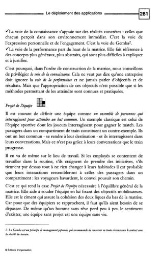 Le déploiement des applications
JLa voie de la connaissance s’appuie sur des réalités concrètes : celles que
chacun perçoit dans son environnement immédiat. C’est la voie de
l’expression personnelle et de l’engagement. C’est la voie du Gemba2.
JLa voie de la performance part du haut de la matrice. Elle fait référence à
des concepts plus généraux, plus abstraits, qui sont plus difficiles à expliquer
et à justifier.
C’est pourquoi, dans l’ordre de construction de la matrice, nous conseillons
de privilégier kz voie de la connaissance.Cela ne veut pas dire qu’une entreprise
doit ignorer la voie de kz pefomunce et ne jamais parler d’objectifs et de
résultats. Mais que l’appropriation de ces objectifs n’est possible que si les
méthodes permettant de les atteindre sont connues et pratiquées.
Projet de l’équipe
I1 est courant de définir une équipe comme un ensemble de personnes qui
intemagissentpour atteindre un but commun. Un exemple classique est celui de
l’équipe sportive dont les joueurs interragissent pour gagner le match. Les
passagers dans un compartiment de train constituent un contre-exemple. Ils
ont un but commun - se rendre à leur destination - et ils interragissent dans
leurs conversations.Mais ce n’est pas grâce à leurs conversations que le train
progresse.
I1 en va de même sur le lieu de travail. Si les employés se contentent de
travailler dans la routine, s’ils craignent de prendre des initiatives, s’ils
tiennent par dessus tout à ne rien changer à leurs habitudes il est probable
que leurs interactions ressembleront à celles des passagers dans un
compartiment : les voyageurs bavardent, le convoi pousuit son chemin.
C’est ce qui rend la case l'rejet de l‘équ$e nécessaire à l’équilibre général de la
matrice. Elle aide à souder l’équipe en lui faant des objectifs mobilisateurs.
Elle est le ciment qui assure la cohésion des deux liques du bas de la matrise.
Car pour que des équipiers se rapprochent, il faut qu’ils aient besoin de se
dépasser. De même qu’un homme sans rêve perd peu à peu le sentiment
d’exister, une équipe sans projet est une équipe sans vie.
2. Le Gembaest unprinqe de managementj@onais quimcommande de consemren toute circonstancek contactavec
h ~afitédu terrain.
O Éditionsd‘organisation
 
