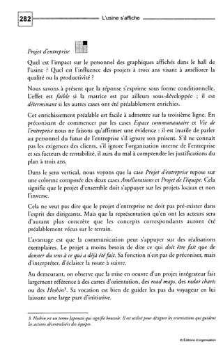 Projet d’entreprise
Quel est l’impact sur le personnel des graphiques affichés dans le hall de
l’usine ? Quel est l’influence des projets à trois ans visant à améliorer la
qualité ou la productivité ?
Nous savons à présent que la réponse s’exprime sous forme conditionnelle.
L‘effet est fdible si la matrice est par ailleurs sous-développée ; il est
déterminant si les autres cases ont été préalablement enrichies.
Cet enrichissement préalable est facile à admettre sur la troisième ligne. En
préconisant de commencer par les cases Espace communautaire et Vie de
l’entreprise nous ne faisons qu’affirmer une évidence : il est inutile de parler
au personnel du futur de l’entreprise s’il ignore son présent. S’il ne connaît
pas les exigences des clients, s’il ignore l’organisation interne de l’entreprise
et ses facteurs de rentabilité, il aura du mal à comprendre les justifications du
plan à trois ans.
Dans le sens vertical, nous voyons que la case Projet d’entreprise repose sur
une colonne composée des deux casesAméliorations et Projet de l’équipe. Cela
signifie que le projet d’ensemble doit s’appuyer sur les projets locaux et non
1’’inverse.
Cela ne veut pas dire que le projet d’entreprise ne doit pas pré-exister dans
l’esprit des dirigeants. Mais que la représentation qu’en ont les acteurs sera
d’autant plus concrète que les concepts correspondants auront été
préalablement vécus sur le terrain.
L‘avantage est que la communication peut s’appuyer sur des réalisations
exemplaires. Le projet a moins besoin de dire ce qui doit êtrefdit que de
donner du sens à ce qui a dgà étéfdit. Sa fonction n’est pas de préconiser, mais
d’interpréter, d’éclairer la route à suivre.
Au demeurant, on observe que la mise en oeuvre d’un projet intégrateur fait
largement référence à des cartes d’orientation,des road maps, des radar charts
ou des Hoshin3. Sa vocation est bien de guider les pas du voyageur en lui
laissant une large part d’initiative.
3. Hoshin est un termeJaponais qui sign$e boussole. Il est utilisépour &signer les orientationsquiguident
les actions décentralisées des équipes.
0 Éditions d’organisation
 