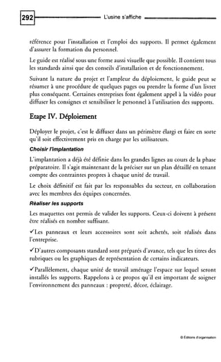 L'usine s'affiche
référence pour l'installation et l'emploi des supports. I1 permet également
d'assurer la formation du personnel.
Le guide est réalisé sous une forme aussi visuelle que possible. I1contient tous
les standards ainsi que des conseils d'installation et de fonctionnement.
Suivant la nature du projet et l'ampleur du déploiement, le guide peut se
résumer à une procédure de quelques pages ou prendre la forme d'un livret
plus conséquent. Certaines entreprises font également appel à la vidéo pour
diffuser les consignes et sensibiliser le personnel à l'utilisation des supports.
Etape IV.Déploiement
Déployer le projet, c'est le diffuser dans un périmètre élargi et faire en sorte
qu'il soit effectivement pris en charge par les utilisateurs.
Choisir l'implantation
L'implantation a déjà été définie dans les grandes lignes au cours de la phase
préparatoire. I1 s'agit maintenant de la préciser sur un plan détaillé en tenant
compte des contraintes propres à chaque unité de travail.
Le choix définitif est fait par les responsables du secteur, en collaboration
avec les membres des équipes concernées.
Réaliser les supports
Les maquettes ont permis de valider les supports. Ceux-ci doivent à présent
être réalisés en nombre suffisant.
JLes panneaux et leurs accessoires sont soit achetés, soit réalisés dans
l'entreprise.
/D'autres composants standard sont préparés d'avance, tels que les titres des
rubriques ou les graphiques de représentation de certains indicateurs.
JParallèlement, chaque unité de travail aménage l'espace sur lequel seront
installés les supports. Rappelons à ce propos qu'il est important de soigner
l'environnement des panneaux : propreté, décor, éclairage.
O Éditionsd'organisation
 