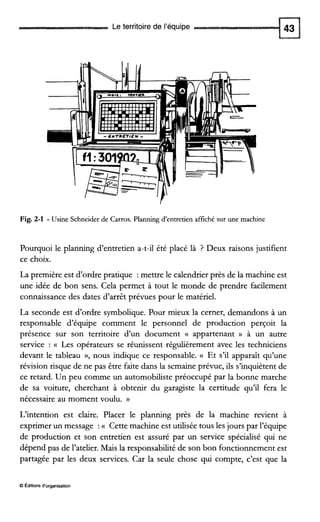 Le territoire de l’équipe
Fig. 2-1 - Usine Schneiderde Carros. Planning d’entretien affiché sur une machine
Pourquoi le planning d’entretien a-t-il été placé là ? Deux raisons justifient
ce choix.
La première est d’ordre pratique : mettre le calendrier près de la machine est
une idée de bon sens. Cela permet à tout le monde de prendre facilement
connaissance des dates d’arrêt prévues pour le matériel.
La seconde est d’ordre symbolique. Pour mieux la cerner, demandons à un
responsable d’équipe comment le personnel de production perçoit la
présence sur son territoire d’un document a appartenant N à un autre
service : (( Les opérateurs se réunissent régultèrement avec les techniciens
devant le tableau », nous indique ce responsable. Et s’il apparaît qu’une
révision risque de ne pas être faite dans la semaine prévue, ils s’inquiètent de
ce retard. Un peu comme un automobiliste préoccupé par la bonne marche
de sa voiture, cherchant à obtenir du garagiste la certitude qu’il fera le
nécessaire au moment voulu. D
L’intention est claire. Placer le planning près de la machine revient à
exprimer un message :a Cette machine est utiiisée tous les jours par l’équipe
de production et son entretien est assuré par un service spécialisé qui ne
dépend pas de l’atelier. Mais la responsabilité de son bon fonctionnement est
partagée par les deux services. Car la seule chose qui compte, c’est que la
O Éditionsd‘organisation
 