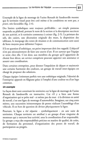Le territoire de l’équipe
L‘exemple de la ligne de montage de l’usine Renault de Sandouville montre
que le territoire visuel peut être créé même si les conditions ne sont pas, a
priori, très favorables (fig. 2-4).
Des limites symboliques sont toujours préférables : un simple panneau
suspendu au plafond, portant le nom de la section et la description succincte
de son activité, et le territoire commence à exister (fig. 2-5). La peinture des
sols, des casiers, une décoration originale des murs, la disposition des
tableaux, le marquage des zones de réunion et de communication sont aussi
de bons moyens pour délimiter l’espace.
S’il est question d’esthétique, un point important doit être rappelé. L‘objectif
n’est pas nécessairement de faire une œuvre d’art. I1 est surtout que l’équipe
se sente chez elle. C’est donc aux membres du groupe qu’il appartient de
choisir leur décor, un service compétent pouvant apporter son assistance et
assurer une coordination.
Dans certaines entreprises, pour donner l’impulsion de départ et maintenir
une certaine harmonie des couleurs, un groupe de travail inter-équipes est
chargé de proposer des solutions.
Chaque équipe s’orientant parfois vers une esthétique originale, l’identité de
l’entreprise apparaît en filigrane grâce à l’emploi d’une couleur ou d’un logo
commun.
Un exemple
La façon dont sont constitués les territoires sur la ligne de montage de l’usine
Renault de Sandouville est instructive. Car s’il y a bien une forme
d‘organisation qui se prête mal - et même pas du tout - à la division en unité
de travail, c’est une ligne de montage d’automobiles. Imaginez, sur cinq cents
mètres, une succession ininterrompue de postes réalisant l’assemblage d’un
véhicule. I1 est hors de question de diviser physiquement la ligne.
Pourtant, la ligne a été répartie - symboliquement - en une suite de
territoires. Chaque territoire est attribué à un groupe dune vingtaine de
monteurs qui y exercent leur activité, sous la coordination d’un responsable.
Le groupe a reçu des responsabilités précises en matière de qualité, de coûts,
de formation du personnel, d’organisation des postes de travail, de
participation au progrès.
O Éditions d‘organisation
 
