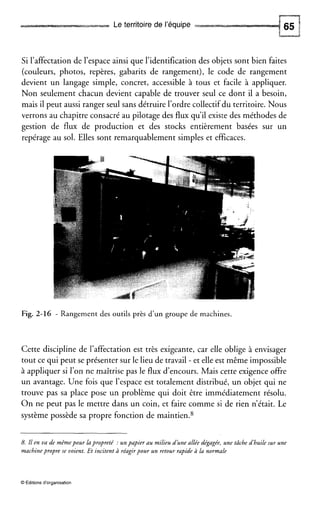 Le territoire de l’équipe
Si l’affectation de l’espace ainsi que l’identificationdes objets sont bien faites
(couleurs, photos, repères, gabarits de rangement), le code de rangement
devient un langage simple, concret, accessible à tous et facile à appliquer.
Non seulement chacun devient capable de trouver seul ce dont il a besoin,
mais il peut aussi ranger seul sans détruire l’ordre collectifdu territoire. Nous
verrons au chapitre consacré au pilotage des flux qu’il existe des méthodes de
gestion de flux de production et des stocks entièrement basées sur un
repérage au sol. Elles sont remarquablement simples et efficaces.
Fig. 2-16 - Rangement des outils près d’un groupe de machines.
Cette discipline de l’affectation est très exigeante, car elle oblige à envisager
tout ce qui peut se présenter sur le lieu de travail - et elle est même impossible
à appliquer si l’on ne maîtrise pas le flux d’encours. Mais cette exigenceoffre
un avantage. Une fois que l’espace est totalement distribué, un objet qui ne
trouve pas sa place pose un problème qui doit être immédiatement résolu.
O n ne peut pas le mettre dans un coin, et faire comme si de rien n’était. Le
système possède sa propre fonction de maintien.8
8. Il en va de mêmepour lapropreté :unpapier au milieu d’une allée dégagée, une tâche d’huile sur une
machinepropre se voient. Et incitent à réagirpour un retour rapide à In normale
O Éditions d’organisation
 