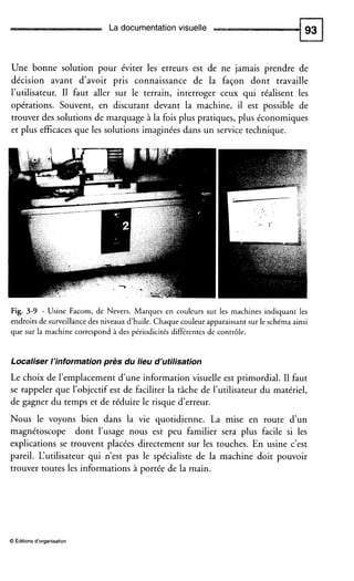 La documentationvisuelle
Une bonne solution pour éviter les erreurs est de ne jamais prendre de
décision avant d’avoir pris connaissance de la façon dont travaille
l’utilisateur. I1 faut aller sur le terrain, interroger ceux qui réalisent les
opérations. Souvent, en discutant devant la machine, il est possible de
trouver des solutions de marquage à la fois plus pratiques, plus économiques
et plus efficaces que les solutions imaginées dans un service technique.
.----
Fig. 3-9 - Usine Facom, de Nevers. Marques en couleurs sur les machines indiquant les
endroits de surveillancedes niveaux d’huile. Chaque couleur apparaissant sur le schéma ainsi
que sur la machine correspond à des périodicités différentes de contrôle.
Localiser l’information pres du lieu d’utilisation
Le choix de l’emplacement d’une information visuelle est primordial. Il faut
se rappeler que l’objectif est de faciliter la tâche de l’utilisateur du matériel,
de gagner du temps et de réduire le risque d’erreur.
Nous le voyons bien dans la vie quotidienne. La mise en route d’un
magnétoscope dont l’usage nous est peu familier sera plus facile si les
explications se trouvent placées directement sur les touches. En usine c’est
pareil. L‘utilisateur qui n’est pas le spécialiste de la machine doit pouvoir
trouver toutes les informations à portée de la main.
O Éditions d‘organisation
 