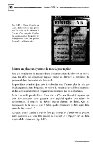 L‘usine s’affiche
Fig. 3-13 - Usine Citroën de
Caen. Présentation des pièces
avec le code de la référence à
l’entrée d’un magasin d’atelier.
La reconnaissance des pièces est
indispensable dans une gestion
des stocks en libre-service.
Mettre en place un système de mise à jour rapide
Une des conditions de réussite d’une documentation d’atelier est sa mise à
jour. En effet, un document dépassé risque de détruire la confiance du
personnel dans l’ensemble du dispositif.
La procédure de mise à jour doit être abordée avec d’autant plus de soin que
les changements sont fréquents, en raison du niveau de détail des documents
et des idées d‘amélioration fréquemment soumises par les utilisateurs.
Mais il ne suffit pas de dire (( faites vite D. C’est un dispositif organisé qui
doit être construit pour garantir cette rapidité quelles que soient les
circonstances. I1 importe de définir chaque élément en détail. Qui est
responsable de la mise à jour ? Selon quelle procédure et dans quel délai
doit-elle être assurée ?
Ajoutons que si la mise à jour est faite par quelqu’un d’extérieur au groupe,
cette personne doit être très proche de l’atelier, et s’engager sur un délai
maximal de réalisation (fig. 3-14).
O Editions d‘organisation
 