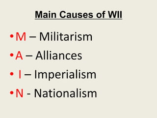 Main Causes of WII
•M – Militarism
•A – Alliances
• I – Imperialism
•N - Nationalism
 
