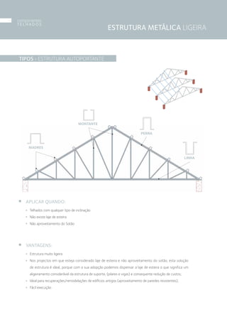 . 5
ESTRUTURA METÁLICA LIGEIRA
TIPOS › ESTRUTURA AUTOPORTANTE
Telhados com qualquer tipo de inclinação
Não existe laje de esteira
Não aproveitamento do Sotão
APLICAR QUANDO:
Estrutura muito ligeira
Nos projectos em que esteja considerado laje de esteira e não aproveitamento do sotão, esta solução
de estrutura é ideal, porque com a sua adopção podemos dispensar a laje de esteira o que significa um
aligeiramento considerável da estrutura de suporte, (pilares e vigas) e consequente redução de custos;
Ideal para recuperações/remodelações de edifícios antigos (aproveitamento de paredes resistentes);
Fácil execução.
VANTAGENS:
LINHA
MADRES
MONTANTE
PERNA
componentes
T E L H A D O S
12
 