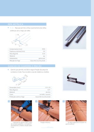 componentestelhados
RIPA METÁLICA
R-20 • Ripa que permite o eficaz assentamento das telhas
cerâmicas sob a chapa sub-telha.
28
15
32
15
20
Comprimento (mm)
Espessura nominal (mm)
Peso (Kg/ml)
Material
Acabamento
Reacção ao Fogo
3000
0,6
0,44
aço
galvanizado
Classe MO (incombustível)
GANCHO DE CUMEEIRA E RINCÃO
Gancho que permite uma fácil e segura fixação das peças de
cumeeira e rincão. Fixa-se sobre a ripa de madeira ou metálica.
Dimensões (mm)
Peso (Kg/un)
Material
Cores
Protecção contra o fogo
123 x 20
0,01
alumínio
vermelho, castanho
Classe MO (incombustível)
3 • As peças adjacentes encaixam no
gancho anterior.
31
1 • Colocação do gancho sobre a peça
de cumeeira, apoiando-o na banda im-
permeável de cumeeira, situada sobre
a ripa.
2 • Fixação mecânica.
2
64mm
59mm
20mm
 