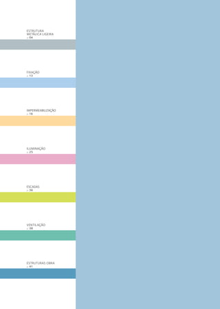 FIXAÇÃO
// 13
IMPERMEABILIZAÇÃO
// 16
ILUMINAÇÃO
// 25
ESTRUTURAS OBRA
// 41
ESCADAS
// 36
VENTILAÇÃO
// 38
ESTRUTURA
METÁLICA LIGEIRA
// 04
 