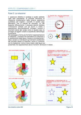 ISTITUTO COMPRENSIVO LODI 1°
Fase 2. La rotazione



L’ approccio didattico è analogo a quello adottato
nella fase precedente. Si procede attraverso la
riﬂessione problematica della propria esperienza
quotidiana per cogliere i concetti, in questo caso
geometrici, che si intende far acquisire. La LIM
supporta eﬃcacemente il processo perché sostiene
l’interazione verbale con gli alunni e mette a
disposizione: documentazione, immagini, funzioni e
strumenti idonei allo scopo come in questo caso: le
immagini di oggetti ruotanti e soprattutto dell’orologio
funzionante.

Nel passaggio a forme più formali di rappresentazione
di rotazione, i comandi che permettono la rotazione e
lo spostamento della ﬁgura, rendono concretamente l’
idea e aiutano a individuarne gli elementi caratteristici
del concetto stesso di rotazione, anche in confronto
con la traslazione, come si può notare nelle ﬁgure qui
presentate che rappresentano alcuni momenti del lavoro in classe.

Pagina !18Uso didattico della LIM
 