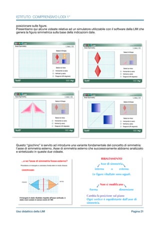 ISTITUTO COMPRENSIVO LODI 1°
posizionare sulle ﬁgure. 

Presentiamo qui alcune videate relative ad un simulatore utilizzabile con il software della LIM che
genera la ﬁgura simmetrica sulla base della indicazioni date.

!Questo “giochino” è servito ad introdurre una variante fondamentale del concetto di simmetria:
l’asse di simmetria esterno. Asse di simmetria esterno che successivamente abbiamo analizzato
e sintetizzato in queste due videate. 

Pagina !21Uso didattico della LIM
 