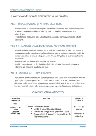 ISTITUTO COMPRENSIVO LODI 1°
La realizzazione del progetto si articolerà in tre fasi operative.
!
FASE 1: PROGETTAZIONE DI ATTIVITA' DIDATTICHE
▪ elaborazione di un’ipotesi di progetto per la realizzazione e documentazione di una
speciﬁca esperienza didattica che riguardi un preciso e deﬁnito aspetto
disciplinare;
▪ Progettazione delle varie fasi: progettazione generale; pianiﬁcazione delle attività
didattiche.
!
FASE 2: ATTUAZIONE DELLE ESPERIENZE, VERIFICHE IN ITINERE
▪ attuazione delle esperienze pianiﬁcate e raccolta della documentazione inerente la
realizzazione delle esperienze. La fase attuativa sarà articolata in tappe in modo da
rendere possibile eventuali adeguamenti in itinere dell’ipotesi di lavoro inizialmente
elaborata;
▪ documentazione delle attività svolte e dei risultati;
▪ analisi, discussione e confronto dei risultati ottenuti nelle diverse situazioni e in
relazione alle differenti variabili in campo.
!
FASE 3 : VALIDAZIONE E DIVULGAZIONE
▪ validazione e documentazione delle esperienze sulla base di un modello che metta in
primo piano i presupposti, le condizioni e le modalità per la loro riproducibilità;
▪ diffusione delle esperienze: saranno resi operativi gli strumenti per la condivisione on
line dei materiali relativi alle diverse esperienze e per la discussione delle stesse.
!
QUADRO ORGANIZZATIVO
!
SEQUENZA
TEMPORALE
ATTIVITA’ SOGGETTI
COINVOLTI
Fase 1
PROGETTAZIO
NE DI
ATTIVITA'
DIDATTICHE
!
• Attività di progettazione:
• Scelta di un ambito disciplinare
• Stesura del progetto di sperimentazione
• Elaborazione di strumenti e modelli per la
sperimentazione
Docente di
classe
Consulente
didattico
Pagina !3Uso didattico della LIM
 