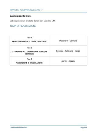 ISTITUTO COMPRENSIVO LODI 1°
Evento/prodotto ﬁnale:
!
Elaborazione di un prodotto digitale con uso della LIM.
!
TEMPI DI REALIZZAZIONE
!
!
!
!
!
!
!
!
!
!
!
!
!
!
!
!
!
!
!
!
!
Pagina !6Uso didattico della LIM
Fase 1
PROGETTAZIONE DI ATTIVITA' DIDATTICHE Dicembre - Gennaio
Fase 2
ATTUAZIONE DELLE ESPERIENZE VERIFICHE
IN ITINERE
Gennaio - Febbraio - Marzo
Fase 3
VALIDAZIONE E DIVULGAZIONE
Aprile - Maggio
 