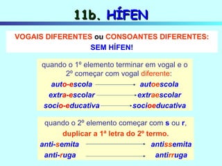 11b.  HÍFEN quando o 2º elemento começar com  s  ou  r , duplicar a 1ª letra do 2º termo. anti- s emita anti ss emita anti- r uga anti rr uga quando o 1º elemento terminar em vogal e o 2º começar com vogal  diferente : aut o-e scola   aut oe scola extr a-e scolar extr ae scolar soci o-e ducativa soci oe ducativa VOGAIS DIFERENTES  ou  CONSOANTES DIFERENTES: SEM HÍFEN! 