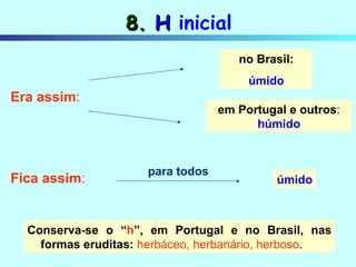 8.  H  inicial Era assim : Fica assim : no Brasil: úmido em Portugal e outros : húmido úmido para todos Conserva-se o “ h ”, em Portugal e no Brasil, nas formas eruditas:   herbáceo, herbanário, herboso .  