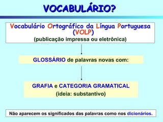 VOCABULÁRIO? V ocabulário  O rtográfico da  L íngua  P ortuguesa ( VOLP ) (publicação impressa ou eletrônica) GLOSSÁRIO  de palavras novas com: GRAFIA   e  CATEGORIA GRAMATICAL (ideia: substantivo) Não aparecem os significados das palavras como nos  dicionários . 