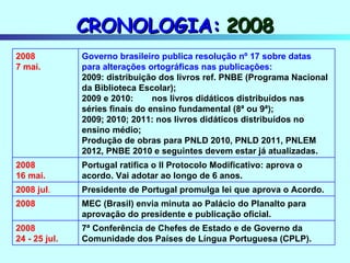 CRONOLOGIA:   2008 7ª Conferência de Chefes de Estado e de Governo da Comunidade dos Países de Língua Portuguesa (CPLP). 2008 24 - 25 jul. MEC (Brasil) envia minuta ao Palácio do Planalto para aprovação do presidente e publicação oficial.  2008 Presidente de Portugal promulga lei que aprova o Acordo. 2008 jul . Portugal ratifica o II Protocolo Modificativo: aprova o acordo. Vai adotar ao longo de 6 anos. 2008 16 mai. Governo brasileiro publica resolução nº 17 sobre datas para alterações ortográficas nas publicações: 2009: distribuição dos livros ref. PNBE (Programa Nacional da Biblioteca Escolar); 2009 e 2010: nos livros didáticos distribuídos nas séries finais do ensino fundamental (8ª ou 9ª); 2009; 2010; 2011: nos livros didáticos distribuídos no ensino médio; Produção de obras para PNLD 2010, PNLD 2011, PNLEM 2012, PNBE 2010 e seguintes devem estar já atualizadas. 2008 7 mai. 