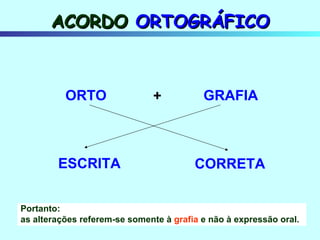 ACORDO  ORTOGRÁFICO ORTO GRAFIA + ESCRITA CORRETA Portanto: as alterações referem-se somente à  grafia  e não à expressão oral. 