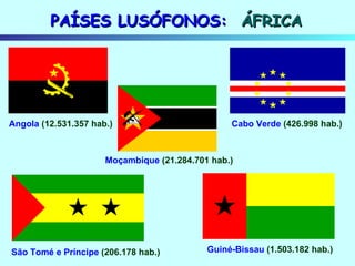 PAÍSES LUSÓFONOS:  ÁFRICA Angola  (12.531.357 hab.) Cabo Verde  (426.998 hab.) São Tomé e Príncipe  (206.178 hab.) Guiné-Bissau  (1.503.182 hab.) Moçambique  (21.284.701 hab.) 