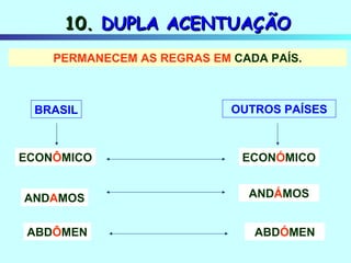 10.  DUPLA ACENTUAÇÃO PERMANECEM AS REGRAS EM  CADA PAÍS. BRASIL OUTROS PAÍSES ECON Ô MICO ECON Ó MICO AND A MOS AND Á MOS ABD Ô MEN ABD Ó MEN 