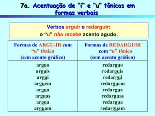 7a.  Acentuação de “ i ” e “ u ” tônicos em formas verbais   Verbos  arguir  e  redarguir : o “ u ”   não   recebe   acento agudo. redarg u o redarg u is redarg u i redarg u em redarg u a redarg u as redarg u a redarg u am arg u o arg u is arg u i arg u em arg u a arg u as arg u a arg u am Formas de  REDARGUIR  com  “u” tônico (sem acento gráfico) Formas de  ARGU-IR  com “ u” tônico (sem acento gráfico) 