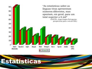 Estatísticas
“As estatísticas sobre as
línguas vivas apresentam
números diferentes, mas
apontam, em geral, para um
total superior a 6 mil”
(COUTO, Jorge.Língua Portuguesa:
perspectivas para o século XXI.)
 