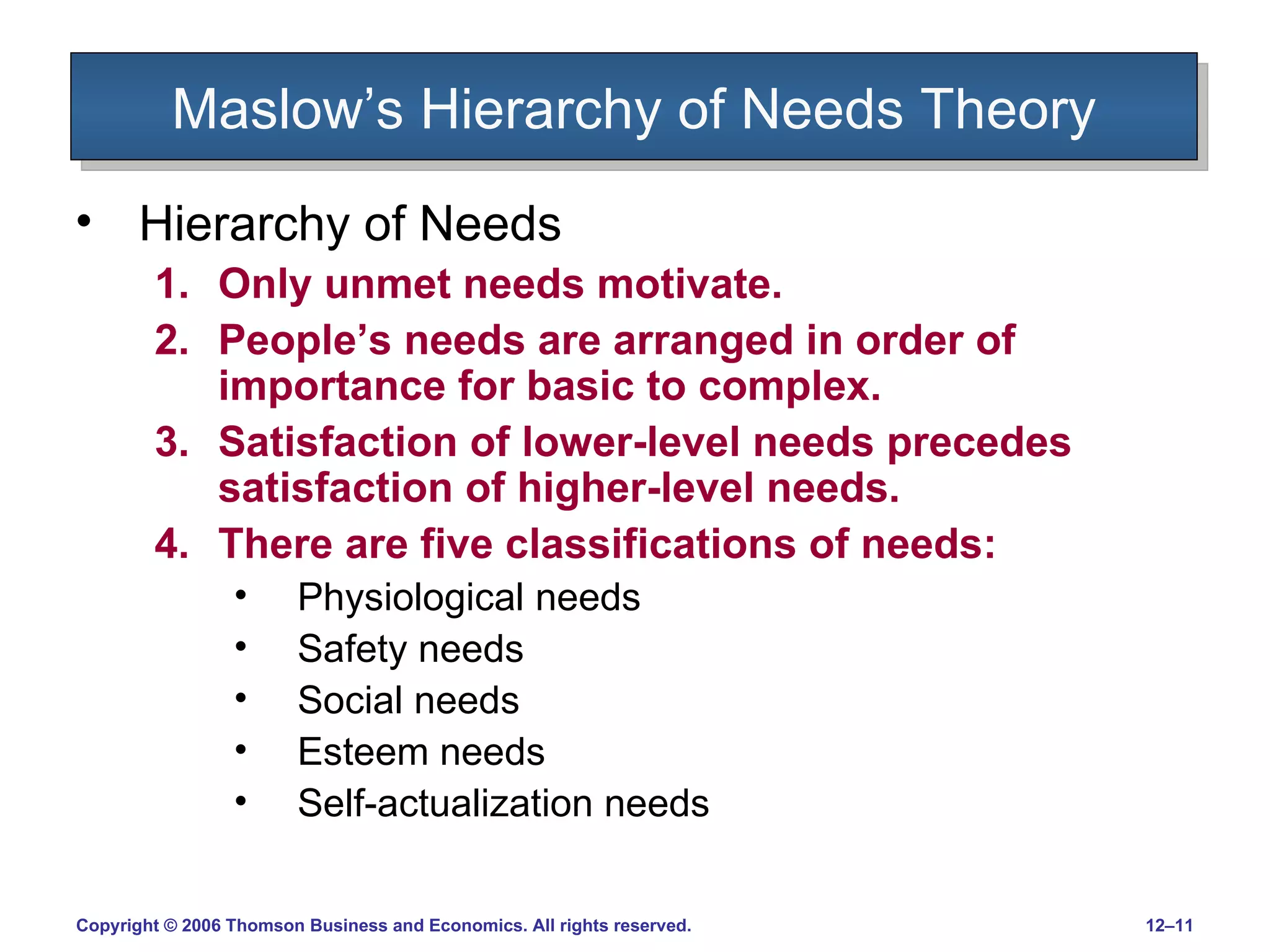 Maslow’s Hierarchy of Needs Theory Hierarchy of Needs Only unmet needs motivate. People’s needs are arranged in order of importance for basic to complex. Satisfaction of lower-level needs precedes satisfaction of higher-level needs. There are five classifications of needs: Physiological needs Safety needs Social needs Esteem needs Self-actualization needs 