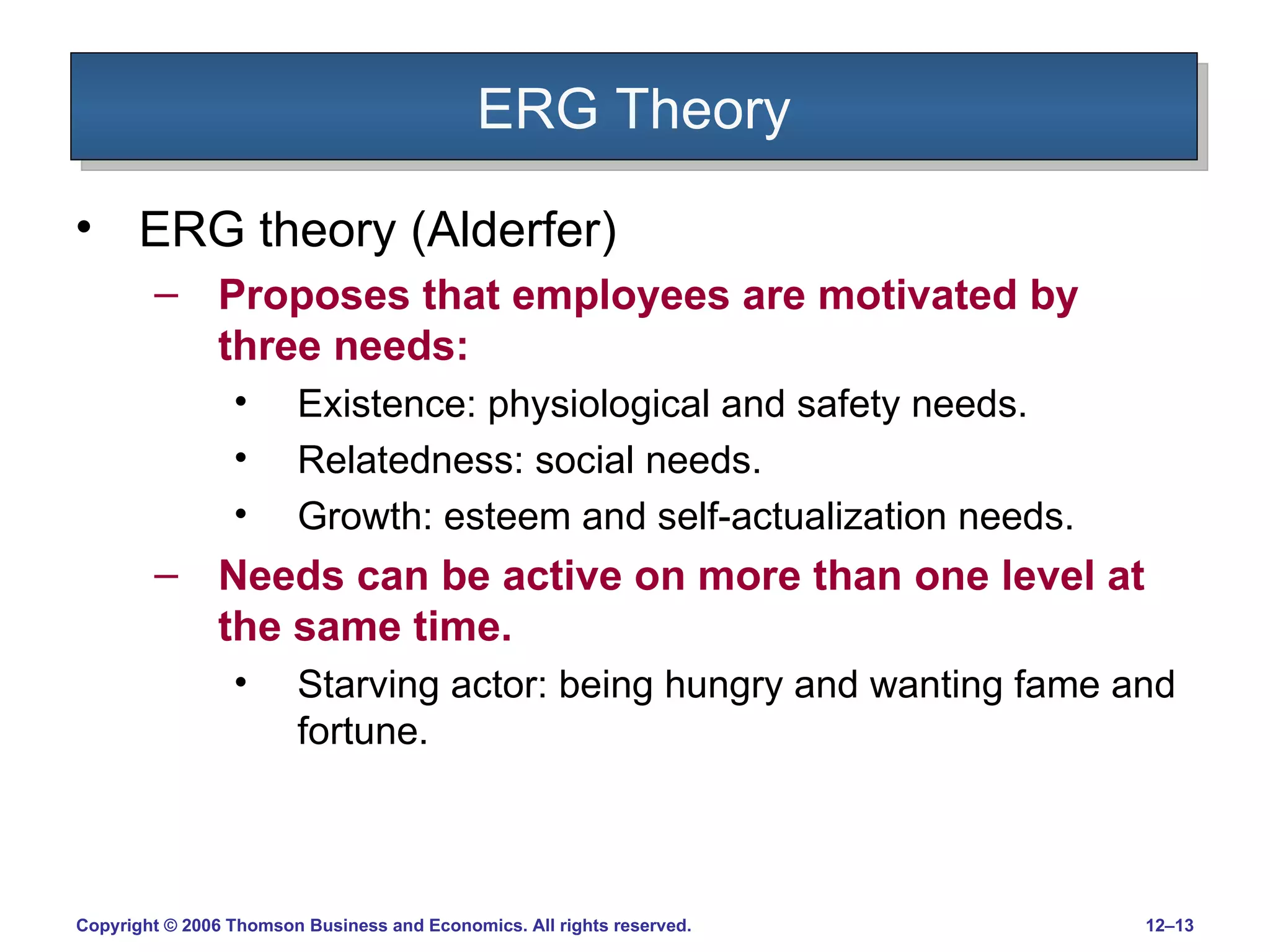 ERG Theory ERG theory (Alderfer) Proposes that employees are motivated by three needs: Existence: physiological and safety needs. Relatedness: social needs. Growth: esteem and self-actualization needs. Needs can be active on more than one level at the same time. Starving actor: being hungry and wanting fame and fortune. 