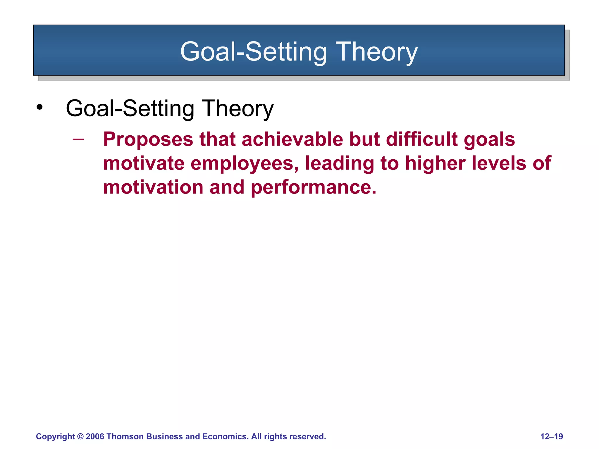 Goal-Setting Theory Goal-Setting Theory Proposes that achievable but difficult goals motivate employees, leading to higher levels of motivation and performance. 