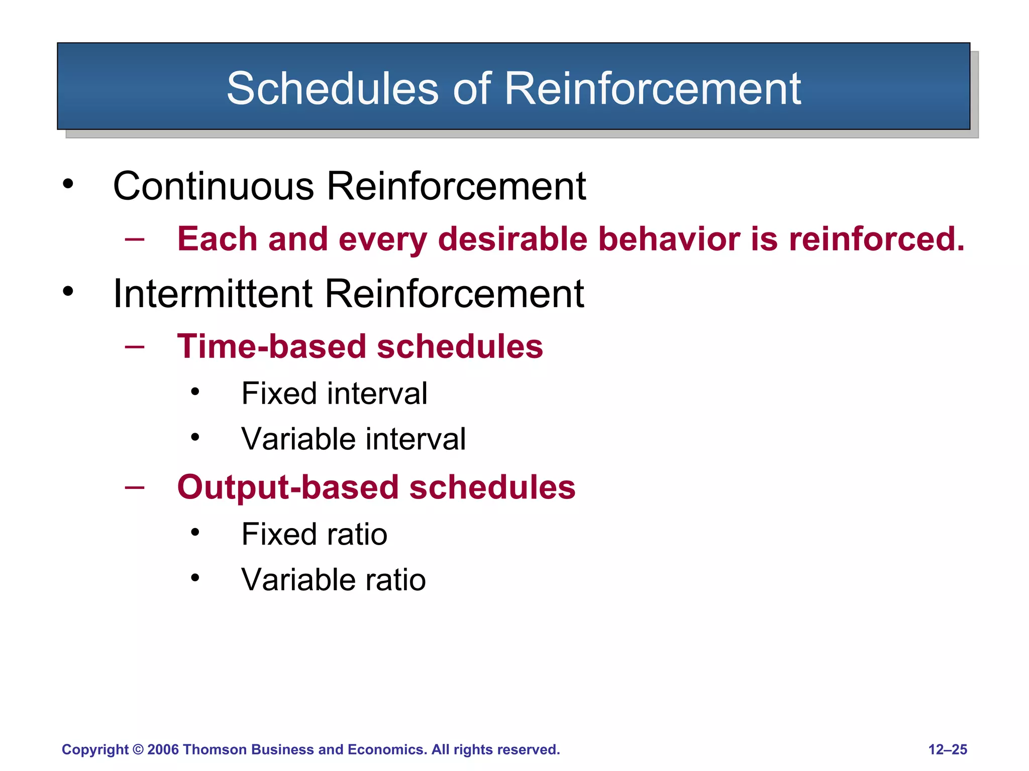Schedules of Reinforcement Continuous Reinforcement Each and every desirable behavior is reinforced. Intermittent Reinforcement Time-based schedules Fixed interval Variable interval Output-based schedules Fixed ratio Variable ratio 