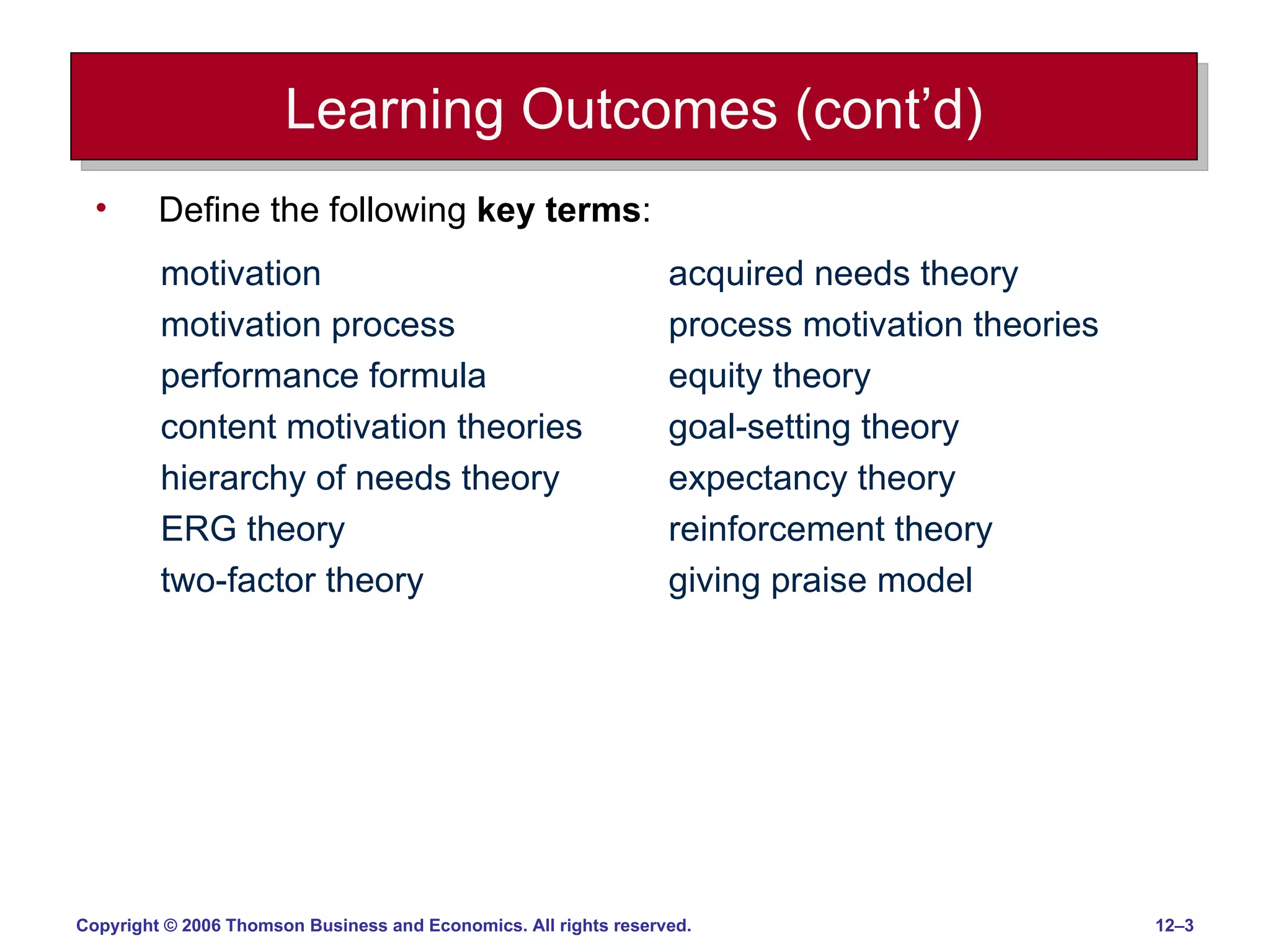 Learning Outcomes (cont’d) Define the following  key terms : motivation  acquired needs theory motivation process  process motivation theories performance formula  equity theory content motivation theories  goal-setting theory hierarchy of needs theory  expectancy theory ERG theory  reinforcement theory two-factor theory  giving praise model 