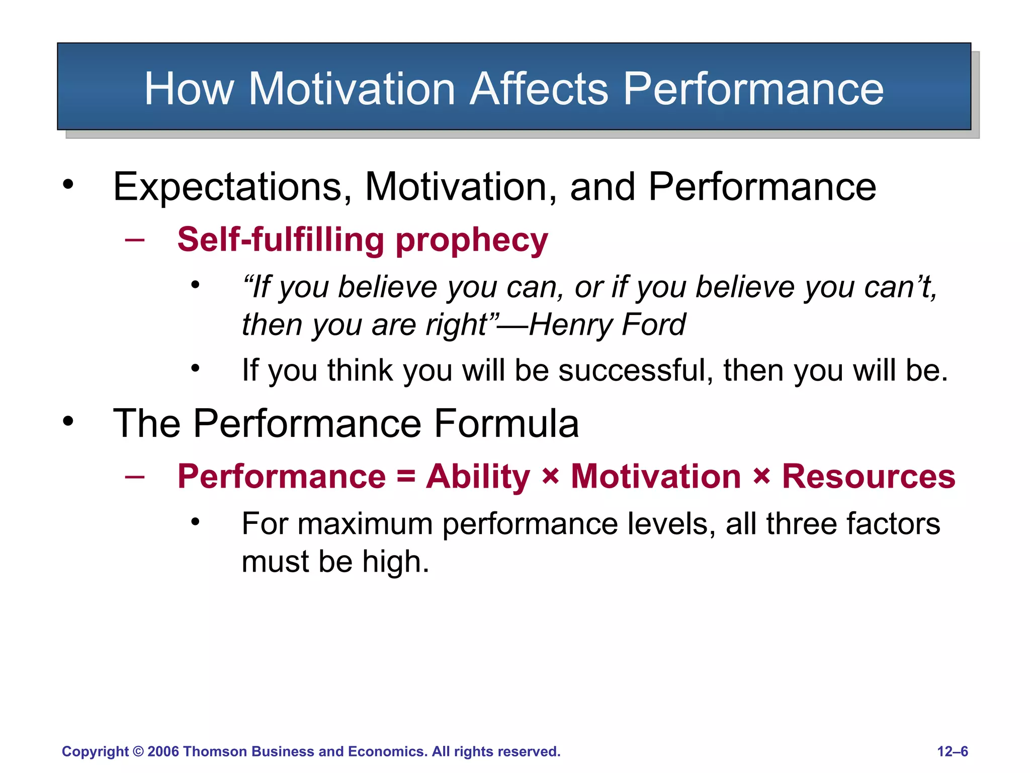 How Motivation Affects Performance Expectations, Motivation, and Performance Self-fulfilling prophecy “ If you believe you can, or if you believe you can’t, then you are right” —Henry Ford If you think you will be successful, then you will be. The Performance Formula Performance = Ability  ×  Motivation  ×  Resources For maximum performance levels, all three factors must be high. 