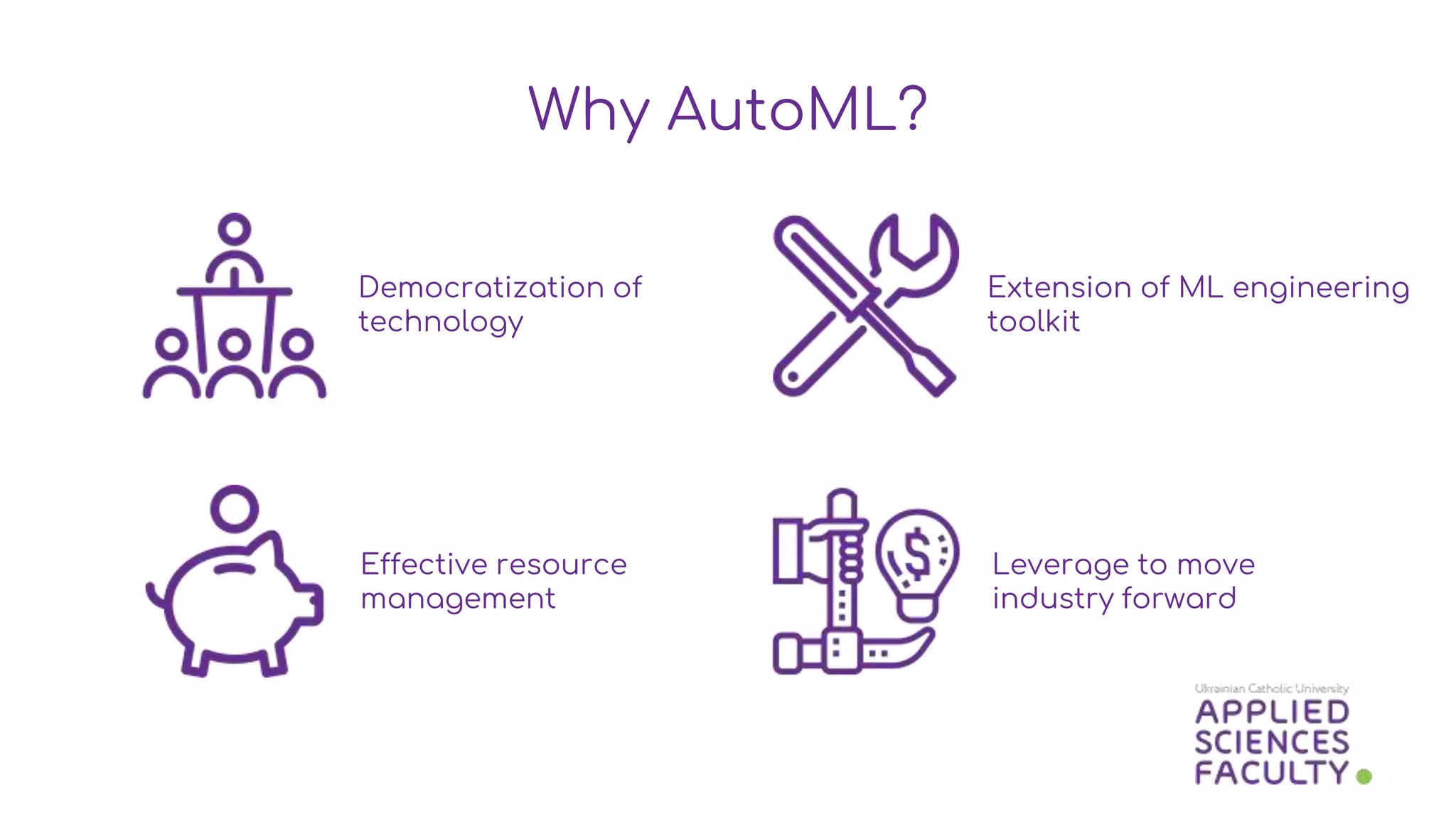 Why AutoML?
Democratization of
technology
Extension of ML engineering
toolkit
Effective resource
management
Leverage to move
industry forward
 