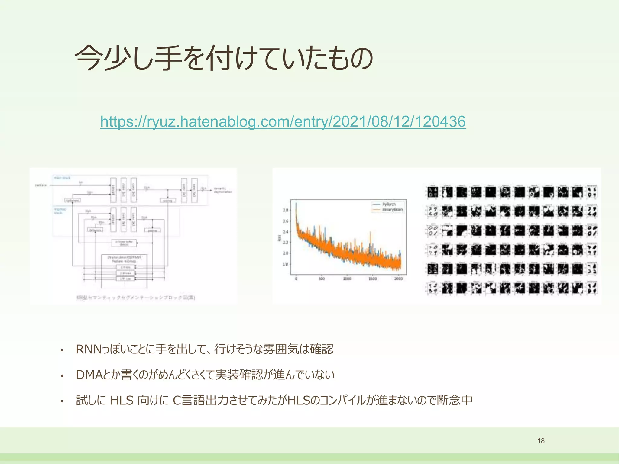 今少し手を付けていたもの
18
https://ryuz.hatenablog.com/entry/2021/08/12/120436
• RNNっぽいことに手を出して、行けそうな雰囲気は確認
• DMAとか書くのがめんどくさくて実装確認が進んでいない
• 試しに HLS 向けに C言語出力させてみたがHLSのコンパイルが進まないので断念中
 