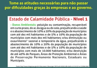 Tome as atitudes necessárias para não passar
por diﬁculdades graças às empresas e ao governo.
Estado de Calamidade Pública - Nível 1
- Danos Ambientais: poluição ou contaminação, recuperável
em curto prazo, do ar, da água ou do solo, prejudicando a saúde
e o abastecimento de 10% a 20% da população de municípios
com até dez mil habitantes e de 5% a 10% da população de
municípios com mais dez mil habitantes; e/ou diminuição ou
exaurimento* sazonal e temporário da água, prejudicando o
abastecimento de 10% a 20% da população de municípios
com até dez mil habitantes e de 5% a 10% da população de
municípios com mais de 10.000 habitantes; e/ou destruição
de até 40% de Parques, Áreas de Proteção Ambiental e Áreas
de Preservação Permanente Nacionais, Estaduais ou
Municipais.
Fonte: http://www.integracao.gov.br/c/document_library/get_ﬁle?uuid=ef4651d8-e5dd-4113-b133-ec13508e19bd
 