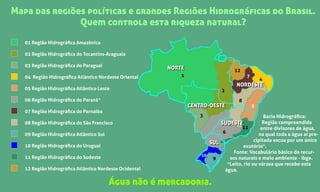 Mapa das regiões políticas e grandes Regiões Hidrográﬁcas do Brasil.
Quem controla esta riqueza natural?
1
2
12
7
4
8
5
11
6
9
3
10
NORTE
NORDESTE
CENTRO-OESTE
SUDESTE
SUL
01 Região Hidrográﬁca Amazônica
02 Região Hidrográﬁca do Tocantins-Araguaia
03 Região Hidrográﬁca do Paraguai
04 Região Hidrográﬁca Atlântico Nordeste Oriental
05 Região Hidrográﬁca Atlântico Leste
06 Região Hidrográﬁca do Paraná*
07 Região Hidrográﬁca do Parnaíba
08 Região Hidrográﬁca do São Francisco
09 Região Hidrográﬁca Atlântico Sul
10 Região Hidrográﬁca do Uruguai
11 Região Hidrográﬁca do Sudeste
12 Região Hidrográﬁca Atlântico Nordeste Ocidental
Bacia Hidrográﬁca:
Região compreendida
entre divisores de água,
na qual toda a água aí pre-
cipitada escoa por um único
exutório*.
Fonte: Vocabulário básico de recur-
sos naturais e meio ambiente - ibge.
*Leito, rio ou várzea que recebe esta
água.
Água não é mercadoria.
NORTE
NORDESTE
CENTRO-OESTE
SUDESTE
SUL
 