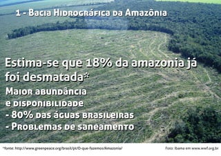 Foto: Ibama em www.wwf.org.br
Estima-se que 18% da amazonia já
foi desmatada*
Estima-se que 18% da amazonia já
foi desmatada*
*fonte: http://www.greenpeace.org/brasil/pt/O-que-fazemos/Amazonia/
Maior abundância
e disponibilidade
- 80% das águas brasileiras
- Problemas de saneamento
1 - Bacia Hidrográﬁca da Amazônia1 - Bacia Hidrográﬁca da Amazônia
Maior abundância
e disponibilidade
- 80% das águas brasileiras
- Problemas de saneamento
 