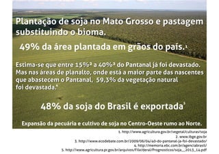 Expansão da pecuária e cultivo de soja no Centro-Oeste rumo ao Norte.
Estima-se que entre 15% a 40% do Pantanal já foi devastado.
Mas nas áreas de planalto, onde está a maior parte das nascentes
que abastecem o Pantanal, 59,3% da vegetação natural
foi devastada.
2. www.ibge.gov.br
Plantação de soja no Mato Grosso e pastagem
substituindo o bioma.
3. http://www.ecodebate.com.br/2009/06/04/40-do-pantanal-ja-foi-devastado/
4. http://memoria.ebc.com.br/agenciabrasil/
Estima-se que entre 15%² a 40%³ do Pantanal já foi devastado.
Mas nas áreas de planalto, onde está a maior parte das nascentes
que abastecem o Pantanal, 59,3% da vegetação natural
foi devastada.
48% da soja do Brasil é exportada
5. http://www.agricultura.pr.gov.br/arquivos/File/deral/Prognosticos/soja__2013_14.pdf
49% da área plantada em grãos do país.49% da área plantada em grãos do país.¹
48% da soja do Brasil é exportada
1. http://www.agricultura.gov.br/vegetal/culturas/soja
5
4
Plantação de soja no Mato Grosso e pastagem
substituindo o bioma.
 