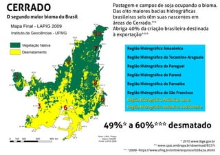 CERRADO
** *2009 -https://www.ufmg.br/online/arquivos/028424.shtml
* 2010 www.ibge.gov.br
** www.cpac.embrapa.br/download/837/t
49%* a 60%*** desmatado
Instituto de Geociências - UFMG
Pastagem e campos de soja ocupando o bioma.
Das oito maiores bacias hidrográﬁcas
brasileiras seis têm suas nascentes em
áreas do Cerrado.**
Abriga 40% da criação brasileira destinada
à exportação***
Região Hidrográﬁca do Tocantins-Araguaia
Região Hidrográﬁca do Paraguai
Região Hidrográﬁca Amazônica
Região Hidrográﬁca Atlântico Leste
Região Hidrográﬁca Atlântico Sul/Sudeste
Região Hidrográﬁca do Parnaíba
Região Hidrográﬁca do São Francisco
Região Hidrográﬁca do Paraná
Região Hidrográﬁca Atlântico Leste
22
1212
7
88
6633
7
55
Região Hidrográﬁca Atlântico Sul/Sudeste
11
O segundo maior bioma do Brasil
 