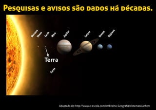 Pesquisas e avisos são dados há décadas.
Terra
Adaptado de: http://www.e-escola.com.br/Ensino-Geograﬁa/sistemasolar.htm
 