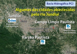 Jundiaí
Campo Limpo Paulista
Várzea Paulista
Jundiaí
Campo Limpo Paulista
Várzea Paulista
Algumas das cidades abastecidas
pelo rio Jundiaí
Empresa Mista
com acionistas
Empresa Mista
com acionistas
Empresa Mista
com acionistas
Empresa Mista
com acionistas
Algumas das cidades abastecidas
pelo rio Jundiaí
Bacia Hidrogáﬁca PCJ
 