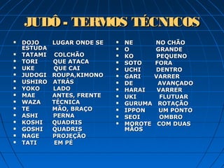 JUDÔ - TERMOS TÉCNICOSJUDÔ - TERMOS TÉCNICOS
 DOJO LUGAR ONDE SEDOJO LUGAR ONDE SE
ESTUDAESTUDA
 TATAMI COLCHÃOTATAMI COLCHÃO
 TORI QUE ATACATORI QUE ATACA
 UKE QUE CAIUKE QUE CAI
 JUDOGI ROUPA,KIMONOJUDOGI ROUPA,KIMONO
 USHIRO ATRÁSUSHIRO ATRÁS
 YOKO LADOYOKO LADO
 MAE ANTES, FRENTEMAE ANTES, FRENTE
 WAZA TÉCNICAWAZA TÉCNICA
 TE MÃO, BRAÇOTE MÃO, BRAÇO
 ASHI PERNAASHI PERNA
 KOSHI QUADRISKOSHI QUADRIS
 GOSHI QUADRISGOSHI QUADRIS
 NAGE PROJEÇÃONAGE PROJEÇÃO
 TATI EM PÉTATI EM PÉ
 NE NO CHÃONE NO CHÃO
 O GRANDEO GRANDE
 KO PEQUENOKO PEQUENO
 SOTO FORASOTO FORA
 UCHI DENTROUCHI DENTRO
 GARI VARRERGARI VARRER
 DE AVANÇADODE AVANÇADO
 HARAI VARRERHARAI VARRER
 UKI FLUTUARUKI FLUTUAR
 GURUMA ROTAÇÃOGURUMA ROTAÇÃO
 IPPON UM PONTOIPPON UM PONTO
 SEOI OMBROSEOI OMBRO
 MOROTE COM DUASMOROTE COM DUAS
MÃOSMÃOS
 