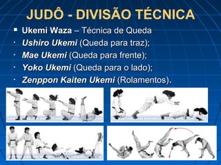 JUDÔ - DIVISÃO TÉCNICA
 Ukemi WazaUkemi Waza – Técnica de Queda– Técnica de Queda
• Ushiro UkemiUshiro Ukemi (Queda para traz);(Queda para traz);
• Mae UkemiMae Ukemi (Queda para frente);(Queda para frente);
• Yoko UkemiYoko Ukemi (Queda para o lado);(Queda para o lado);
• Zenppon Kaiten UkemiZenppon Kaiten Ukemi (Rolamentos)(Rolamentos)..
 