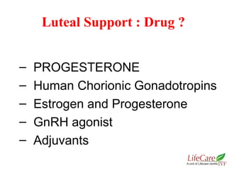 – PROGESTERONE
– Human Chorionic Gonadotropins
– Estrogen and Progesterone
– GnRH agonist
– Adjuvants
Luteal Support : Drug ?
 
