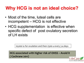 • Most of the time, luteal cells are
incompetent – HCG is not effective
• HCG supplementation is effective when
specific defect of post ovulatory secretion
of LH exists
Why HCG is not an ideal choice?
10,000 iu for ovulation and then 2500 u every 3-4 days
HCG associated with higher risk of OHSS – Avoid it
( Cochrane 2011)
 