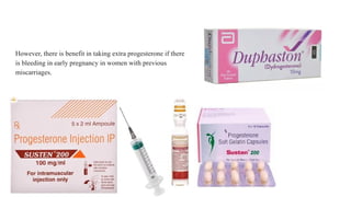 However, there is benefit in taking extra progesterone if there
is bleeding in early pregnancy in women with previous
miscarriages.
 