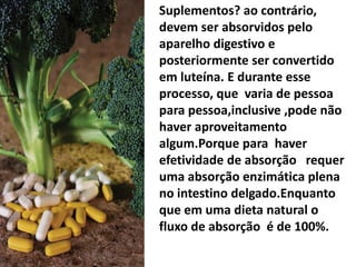 Suplementos? ao contrário, devem ser absorvidos pelo aparelho digestivo e posteriormente ser convertido  em luteína. E durante esse processo, que  varia de pessoa para pessoa,inclusive ,pode não haver aproveitamento algum.Porque para  haver  efetividade de absorção   requer uma absorção enzimática plena  no intestino delgado.Enquanto  que em uma dieta natural o  fluxo de absorção  é de 100%.