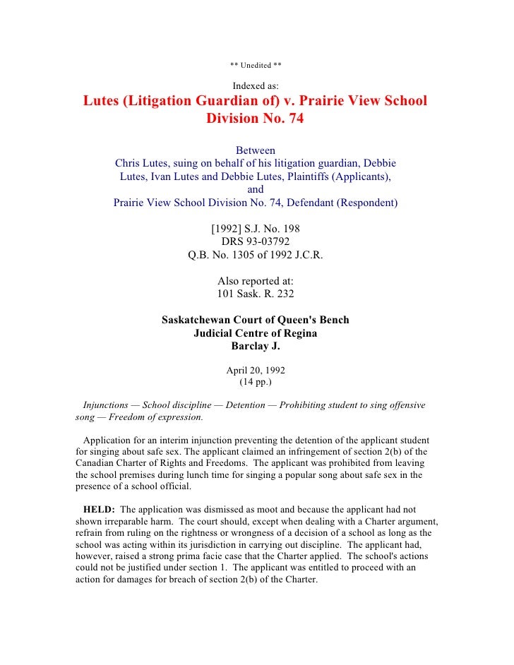 Lutes V Prairie View School Division No 74